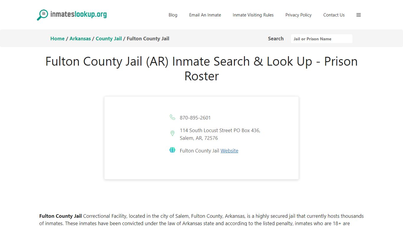 Fulton County Jail (AR) Inmate Search & Look Up - Prison Roster